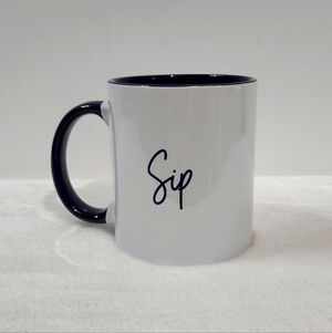 𝅺THIRTY-ONE Hello Happy Sip White Navy Blue Ceramic Coffee Cup Mug 12 Oz